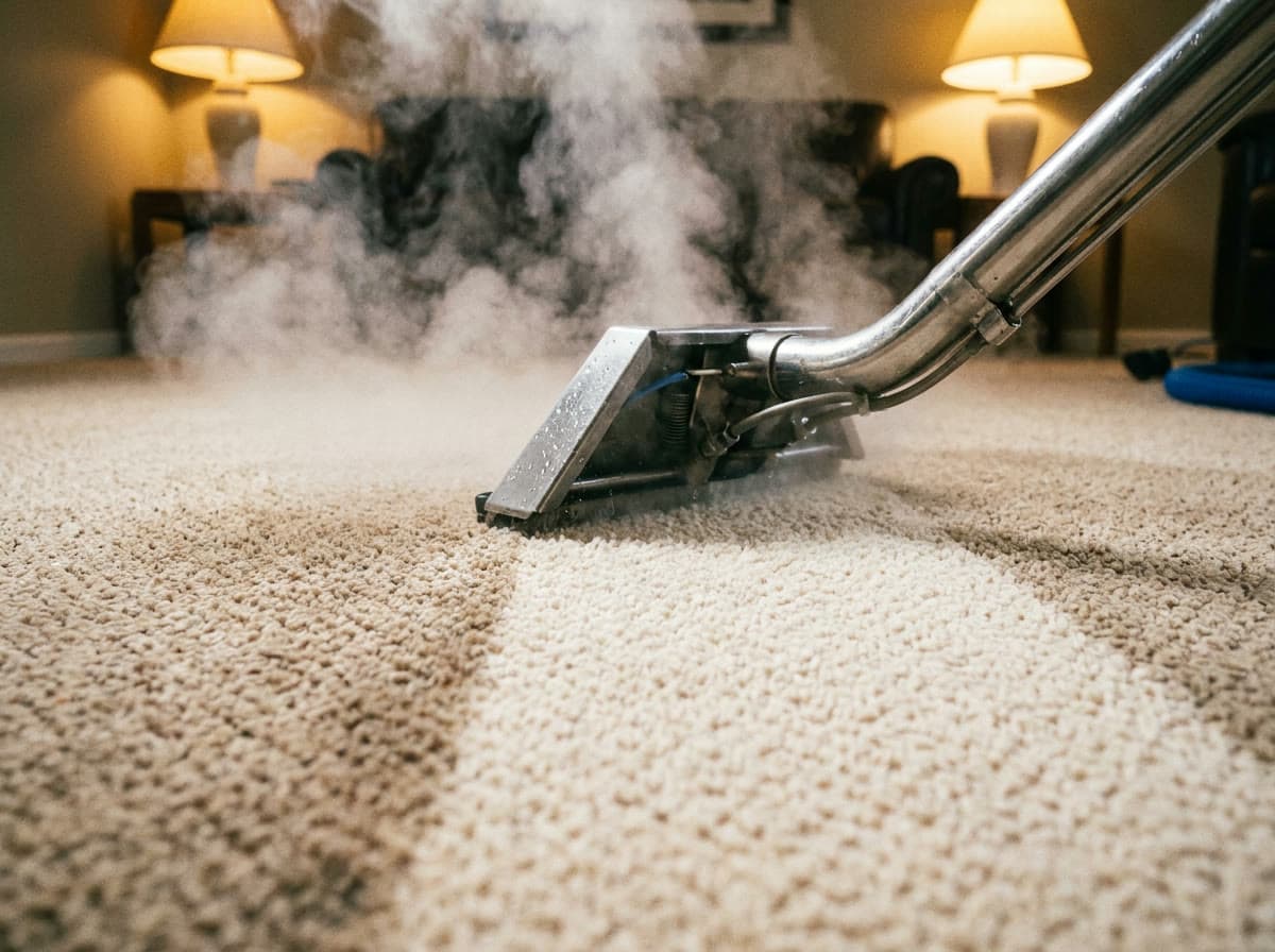 Carpet steam cleaning machine leaving a bright clean stripe on beige carpet