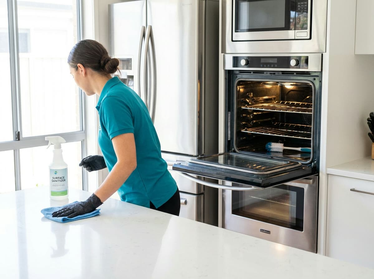 Professional cleaner deep cleaning a modern kitchen and oven