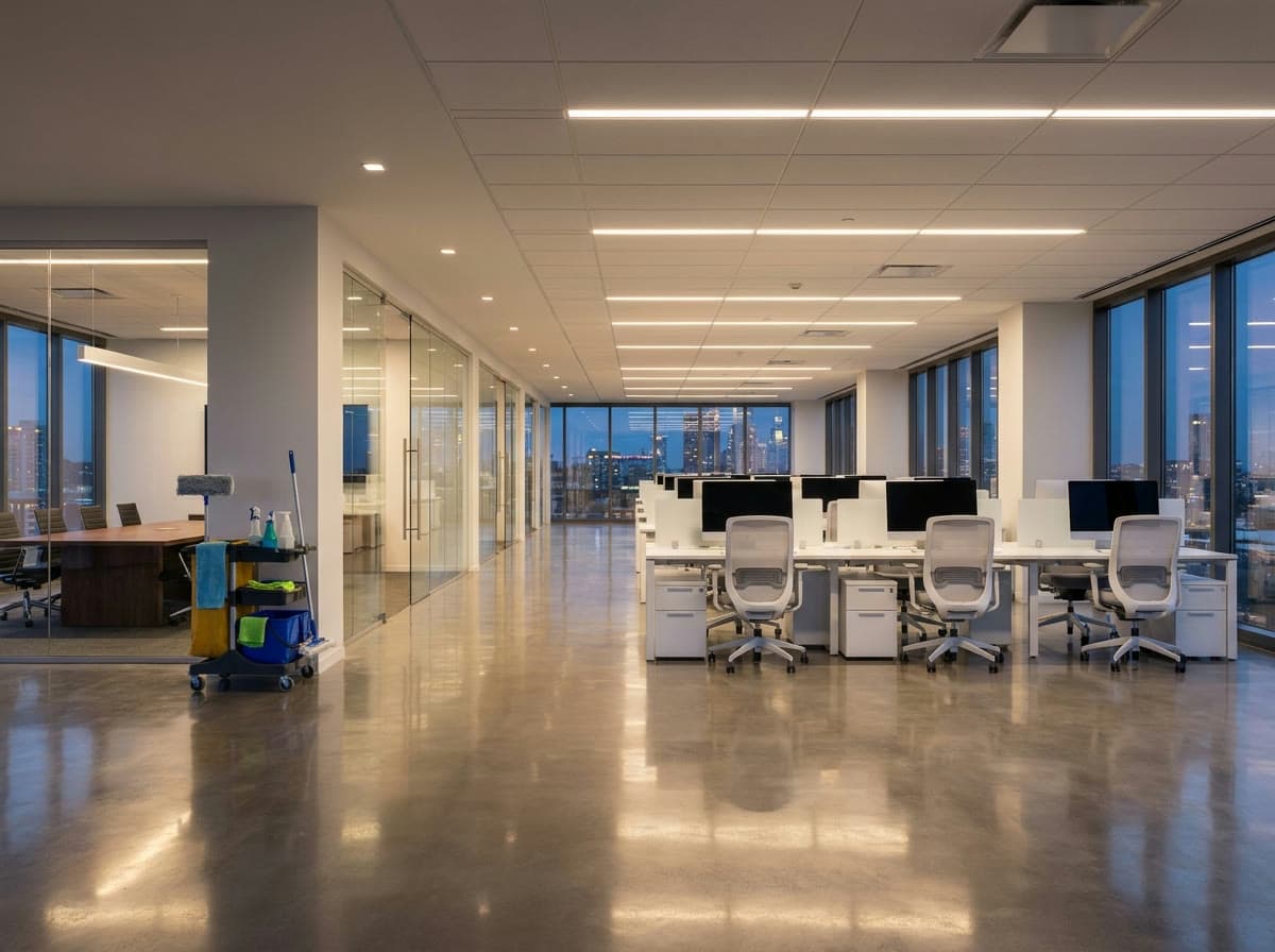 Spotless open-plan office after commercial cleaning at dusk