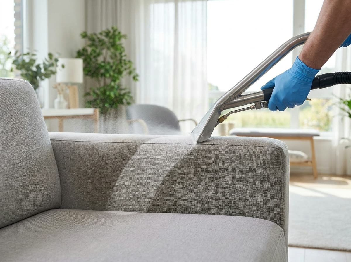 Upholstery extraction tool cleaning a grey fabric sofa, showing a bright clean stripe