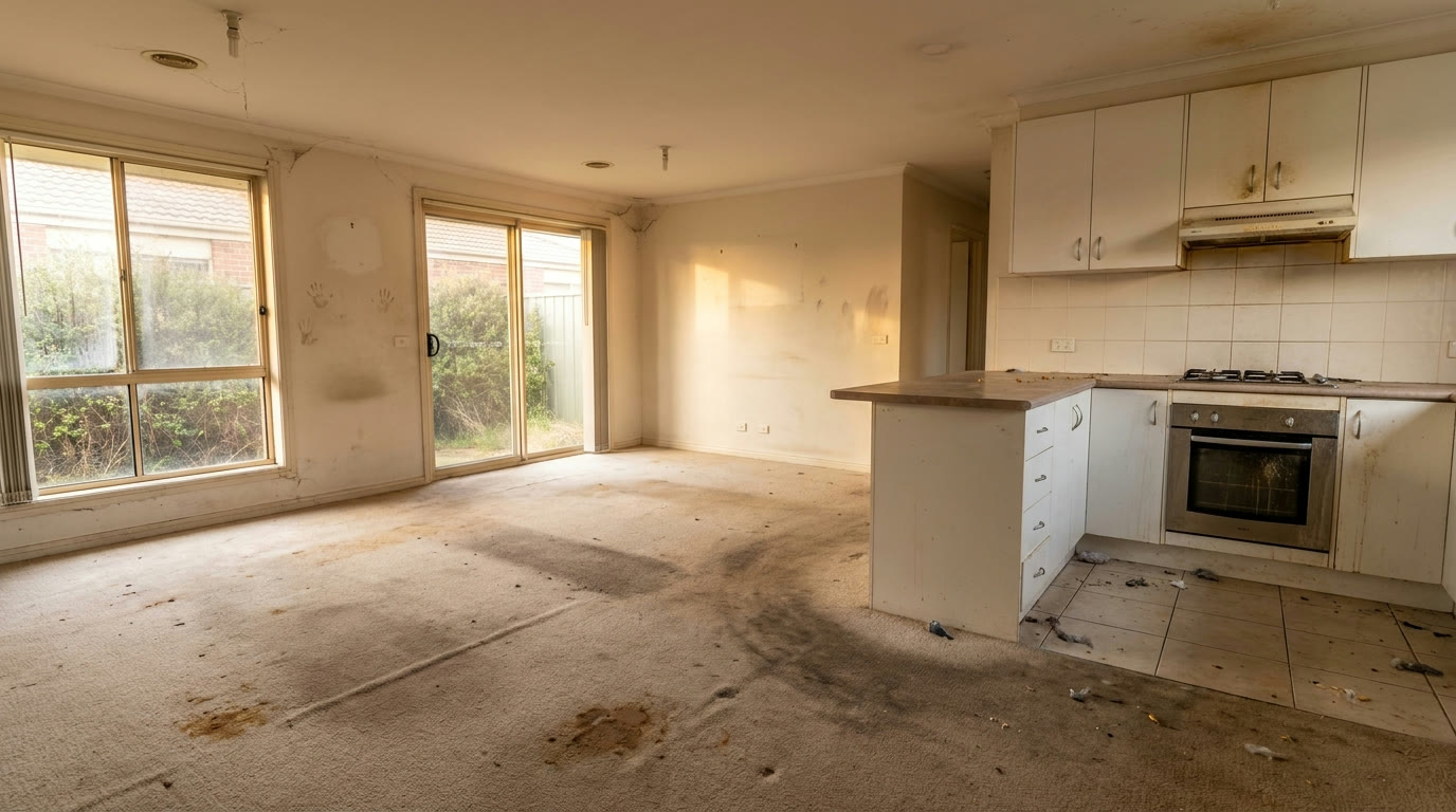 Empty rental living area with stained carpet, marked walls and dirty windows before an end of lease clean